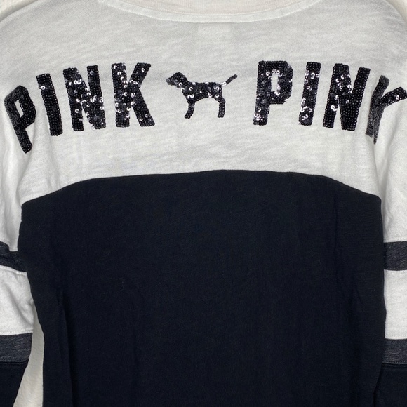 Victorias Secret PINK Bling Sequin Pure Black Triumph White Lace Up Varsity Crew - Picture 6 of 14